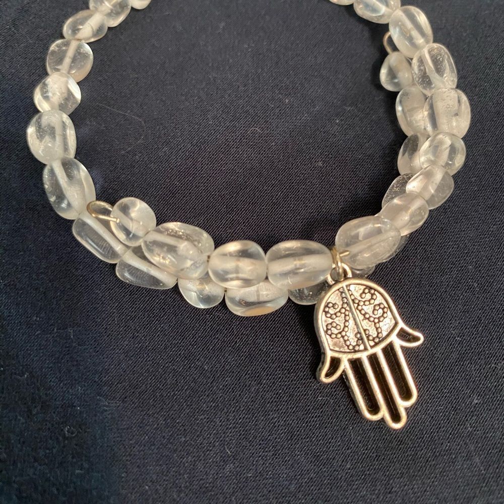 Genuine Quartz Silver Hamsa Charm Stacking Stretch Bracelet